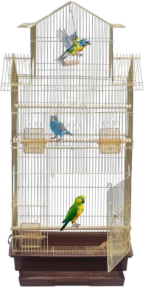 قفس پرنده ۱۴۰ سانتی متری با دسته قابل حمل و راحت و میله های نشیمن، قفس پرنده طلایی با سینی کشویی، کاسه های غذا، تاب و تمیز کردن آسان، ایده آل برای پرندگان کوچک تا متوسط ​​و قفس داخلی و خارجی