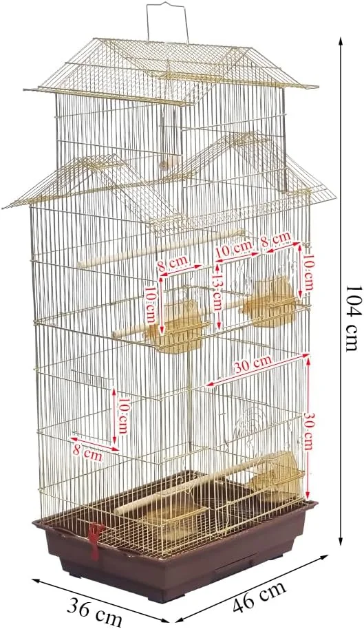 قفس پرنده ۱۴۰ سانتی متری با دسته قابل حمل و راحت و میله های نشیمن، قفس پرنده طلایی با سینی کشویی، کاسه های غذا، تاب و تمیز کردن آسان، ایده آل برای پرندگان کوچک تا متوسط ​​و قفس داخلی و خارجی