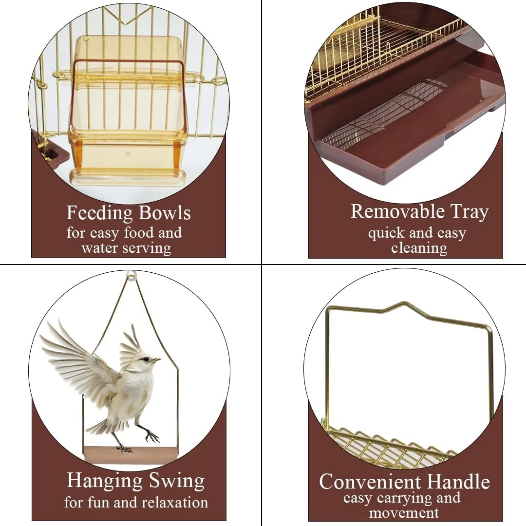 قفس پرنده ۱۴۰ سانتی متری با دسته قابل حمل و راحت و میله های نشیمن، قفس پرنده طلایی با سینی کشویی، کاسه های غذا، تاب و تمیز کردن آسان، ایده آل برای پرندگان کوچک تا متوسط ​​و قفس داخلی و خارجی