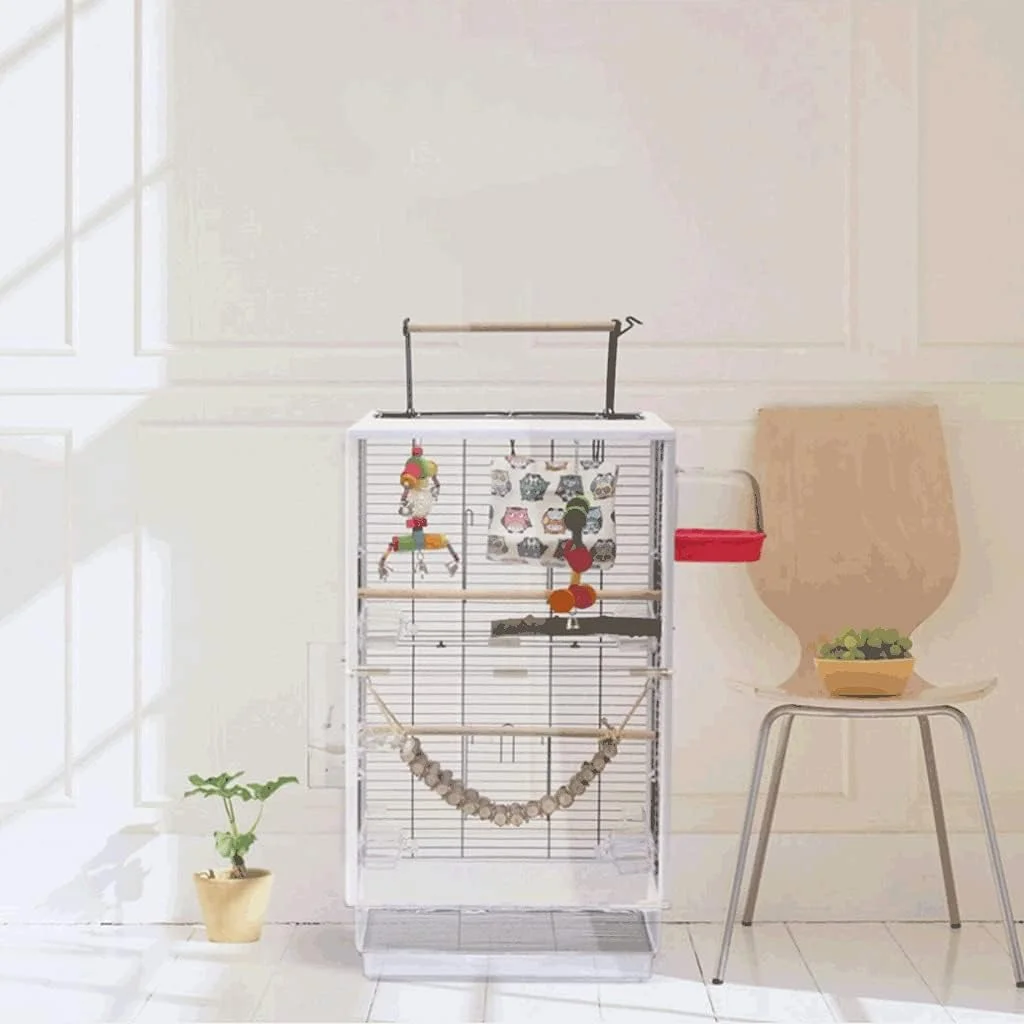 قفس پرنده خلاقانه، قفس بزرگ پرنده فلزی با پایه و قسمت بازی در بالا، قفس پرواز پرنده با پایه چرخ دار، مجموعه قفس پرنده مسافرتی، لوازم جانبی قفس پرنده اکریلیک - سفید (رنگ: سفید، شفاف، قهوه ای)
