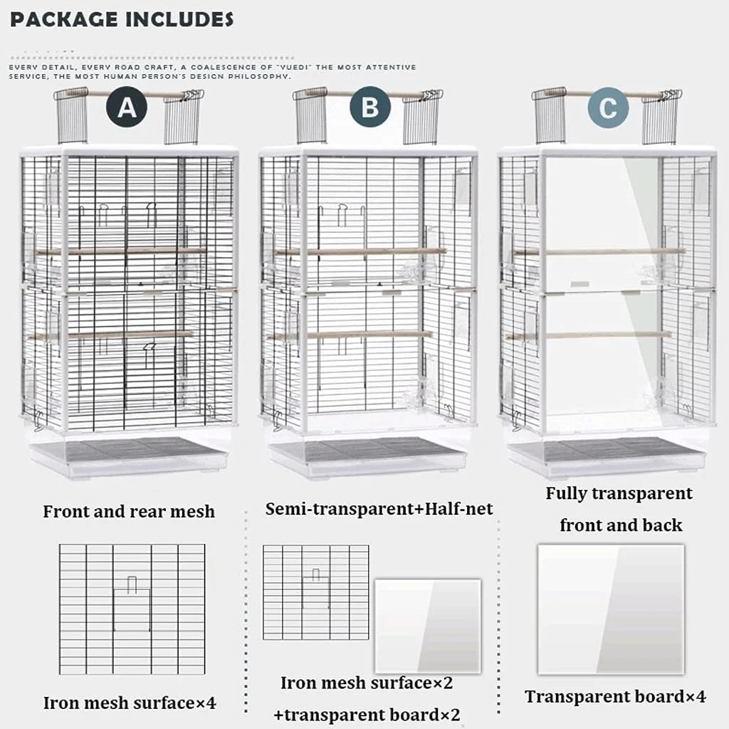 قفس پرنده خلاقانه، قفس بزرگ پرنده فلزی با پایه و قسمت بازی در بالا، قفس پرواز پرنده با پایه چرخ دار، مجموعه قفس پرنده مسافرتی، لوازم جانبی قفس پرنده اکریلیک - سفید (رنگ: سفید، شفاف، قهوه ای)