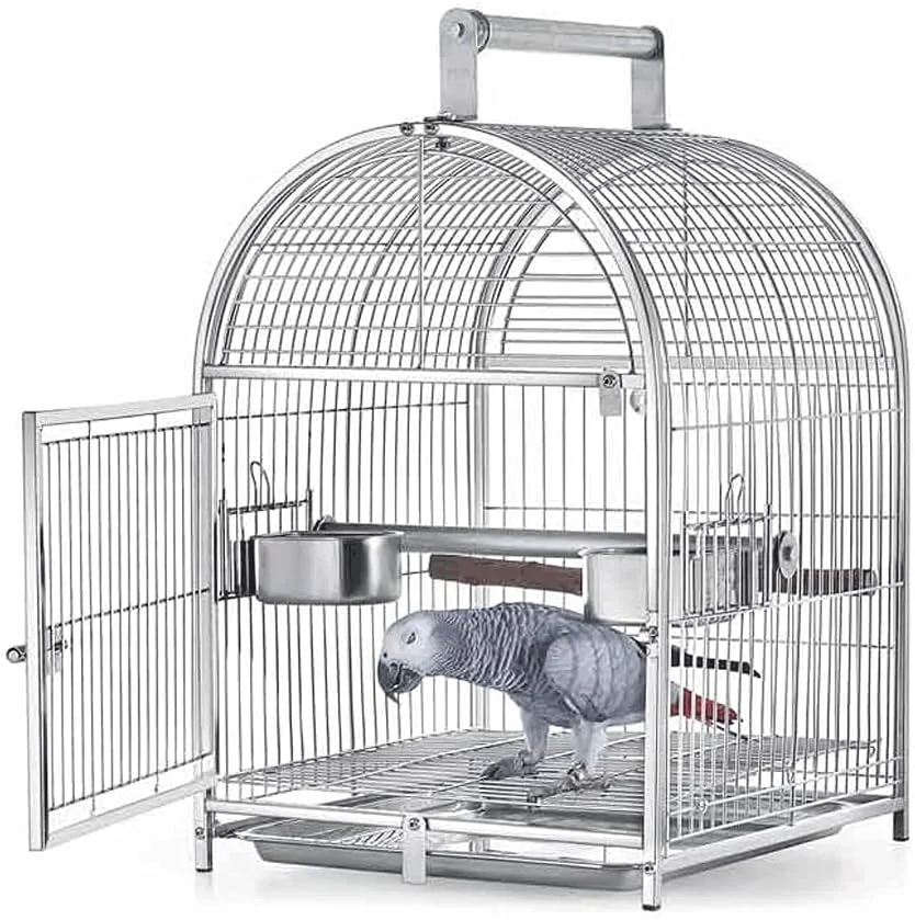 قفس پرنده بزرگ قفس پرنده خلاقانه با پایه چرخ دار قفس پرواز پرنده استیل ضد زنگ، قفس پرنده قابل حمل مسافرتی برای طوطی، توکا و غیره - لوازم جانبی قفس پرنده نقره ای