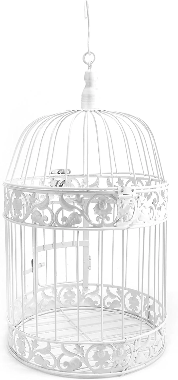 قفس پرنده تزئینی آهنی سفید رنگ مناسب برای عروسی ها، رویدادها، دکوراسیون منزل، آویز به همراه قلاب