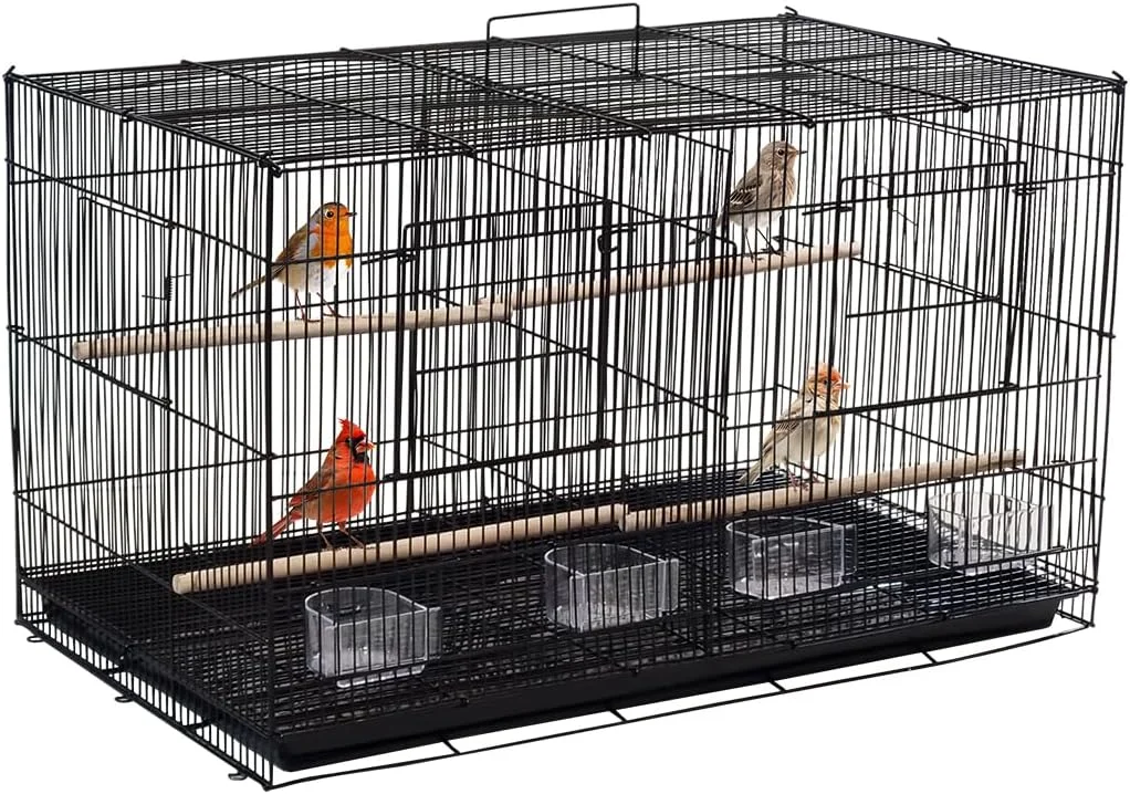 قفس پرنده با جداکننده، میله چوبی، فنجان های غذاخوری و سینی قابل جابجایی، قفس پرنده فلزی محکم برای پرندگان کوچک، مناسب برای استفاده در داخل/خارج از منزل، 76 سانتی متر (مشکی)