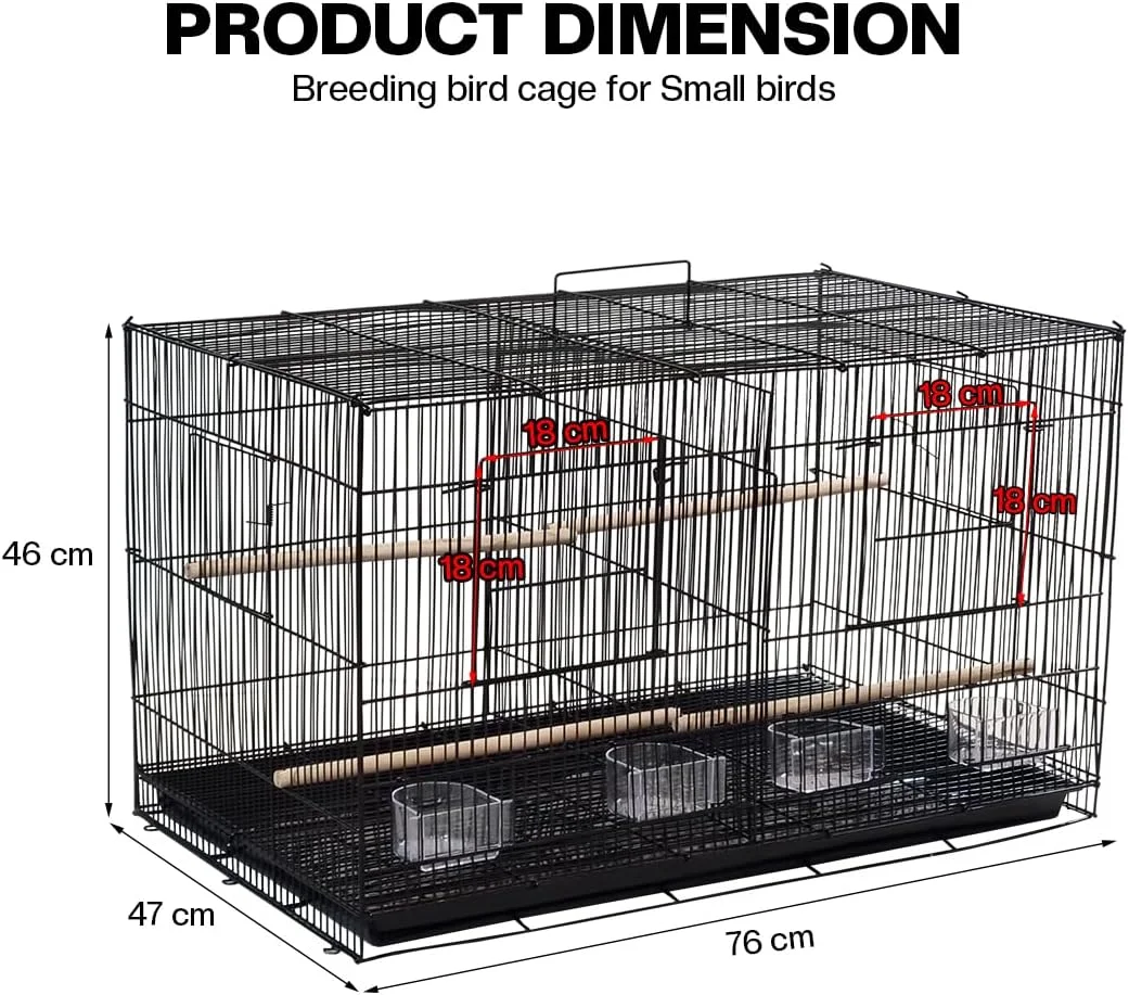 قفس پرنده با جداکننده، میله چوبی، فنجان های غذاخوری و سینی قابل جابجایی، قفس پرنده فلزی محکم برای پرندگان کوچک، مناسب برای استفاده در داخل/خارج از منزل، 76 سانتی متر (مشکی)