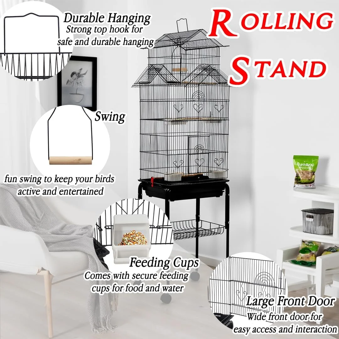 قفس ایستاده با طراحی جداشدنی و خانه ای شکل، قفس طوطی 165 سانتی متری با چرخ های جهانی، قفسه و فنجان های تغذیه، قفس پرنده فلزی با تاب، میله چوبی، سینی و مناسب برای استفاده در داخل و خارج از منزل (مشکی)