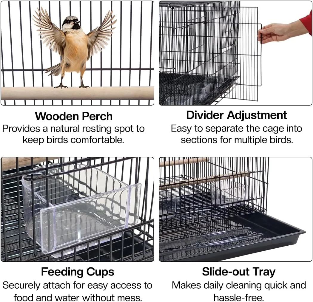 قفس پرنده با جداکننده، میله چوبی، فنجان های غذاخوری و سینی قابل جابجایی، قفس پرنده فلزی محکم برای پرندگان کوچک، مناسب برای استفاده در داخل/خارج از منزل، 76 سانتی متر (مشکی)