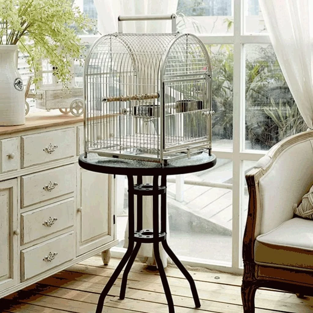قفس پرنده خلاقانه استیل ضد زنگ بزرگ خانگی قابل حمل با پایه چرخدار، قفس پرواز برای طوطی، توکا و غیره - لوازم جانبی قفس پرنده نقره ای