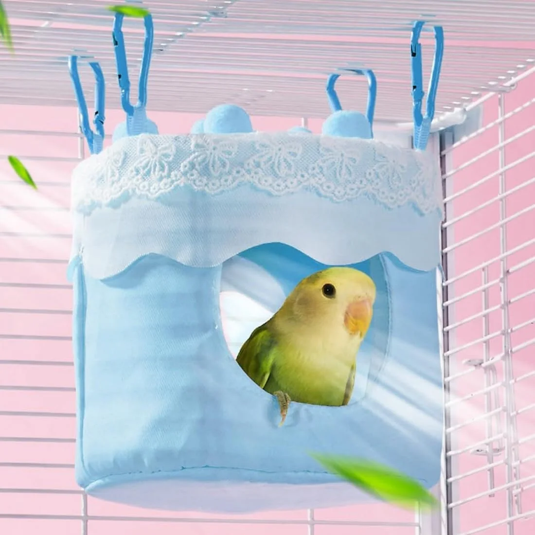 آشیانه آویز پرنده، چادر لانه دنج - لانه گرم نرم و عایق زمستانی برای مرغ عشق، باجریگار، عروس هلندی، مرغ مینا، کاکادو، فنچ، همستر، چینچیلا و خوکچه هندی (متوسط، آبی)