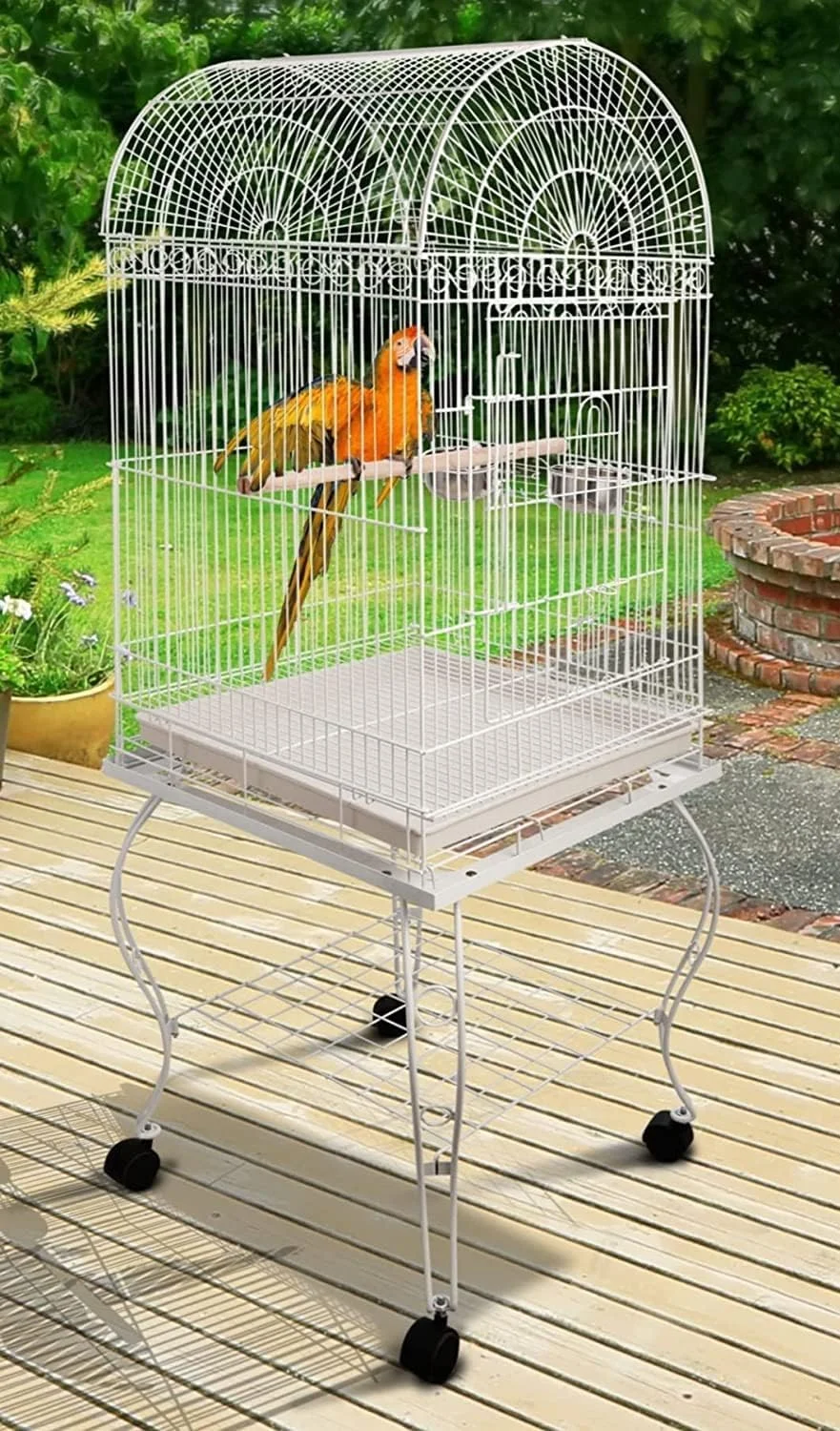 قفس پرنده طوطی با پایه چرخ دار، 3 میله چوبی، 2 ظرف غذا، بزرگ با پایه بالایی برای طوطی های بزرگ مانند کاسکو، کاکاتو، کانور، پاراکیت، مرغ عشق، فیشر، عروس هلندی (سفید)
