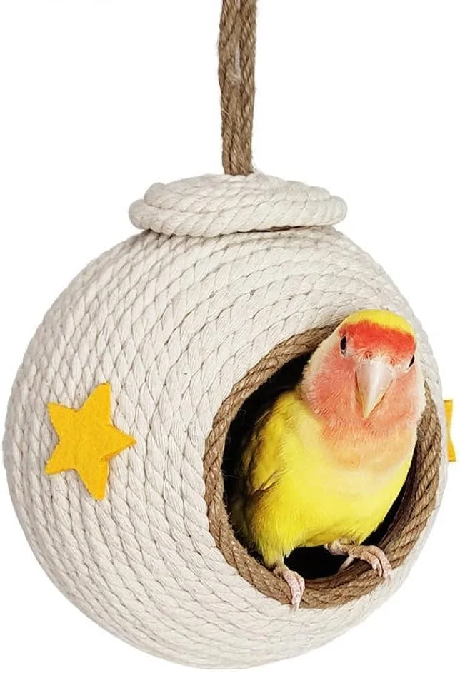 خانه پرنده با طناب بافته نارگیلی، قفس پرنده نارگیلی طبیعی با روکش بافته شده، لانه پرنده برای طوطی، لانه پرنده، لانه همستر طوطی، لانه پرورش سنجاب، لانه بافته شده با طناب کنفی، پوسته نارگیل طوطی