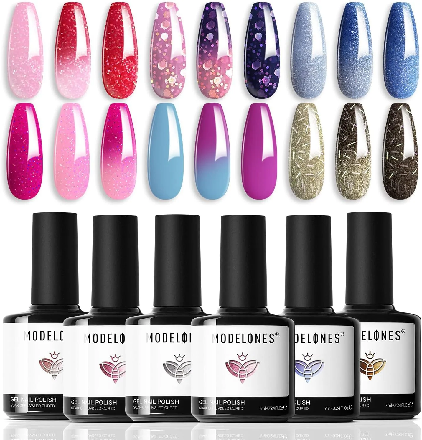 ست لاک ژل حرارتی مود Modelones - مجموعه 6 رنگ لاک ژل تغییر رنگ دهنده با دما، لاک ناخن اکلیلی، خیساندن UV LED مانیکور 10 میلی لیتر ست لاک ژل حرارتی مود Modelones - مجموعه 6 رنگ لاک ژل تغییر رنگ دهنده با دما، لاک ناخن اکلیلی، خیساندن UV LED مانیکور 10 میلی لیتر