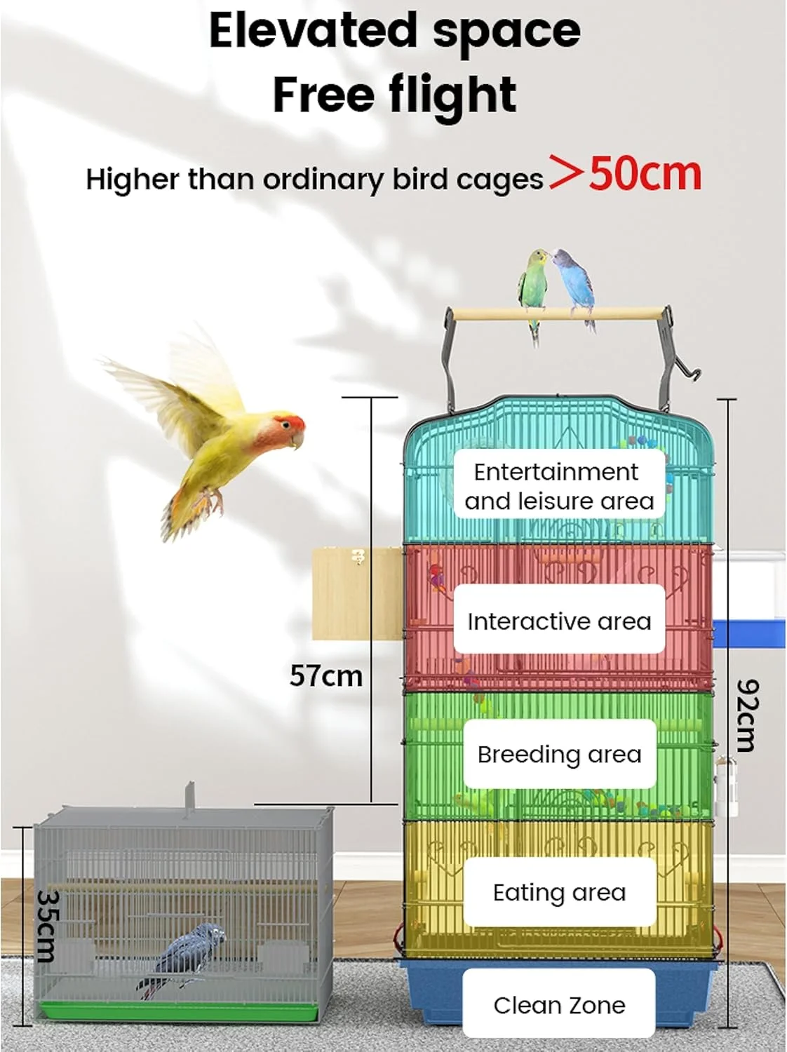 قفس بزرگ پرنده با پایه بالایی، ۴ ظرف غذا، ۳ چوب نشیمن و تاب، ابعاد ۹۲ * ۴۶ * ۳۵.۵ سانتی متر، مناسب برای طوطی های بزرگ و متوسط مانند کاسکو، کاکادو، کانور، پاراکیت، عروس هلندی (A)