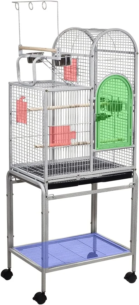 قفس بزرگ پرنده برای طوطی، عروس هلندی و مرغ عشق، قفس پرنده فلزی 155 سانتی متری با قسمت بازی در بالا، چرخ، سینی زیرین، کاسه های غذا و میله های نشیمن، قفس داخلی و خارجی با قفسه ذخیره سازی، قفس بادوام (خاکستری)