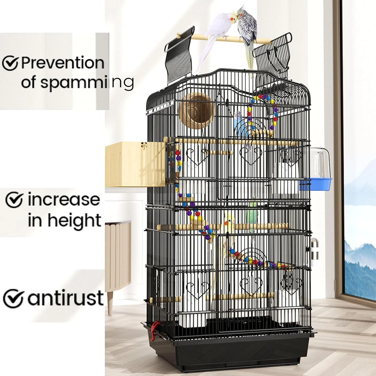 قفس بزرگ پرنده با پایه بالایی، ۴ ظرف غذا، ۳ چوب نشیمن و تاب، ابعاد ۹۲ * ۴۶ * ۳۵.۵ سانتی متر، مناسب برای طوطی های بزرگ و متوسط مانند کاسکو، کاکادو، کانور، پاراکیت، عروس هلندی (A)