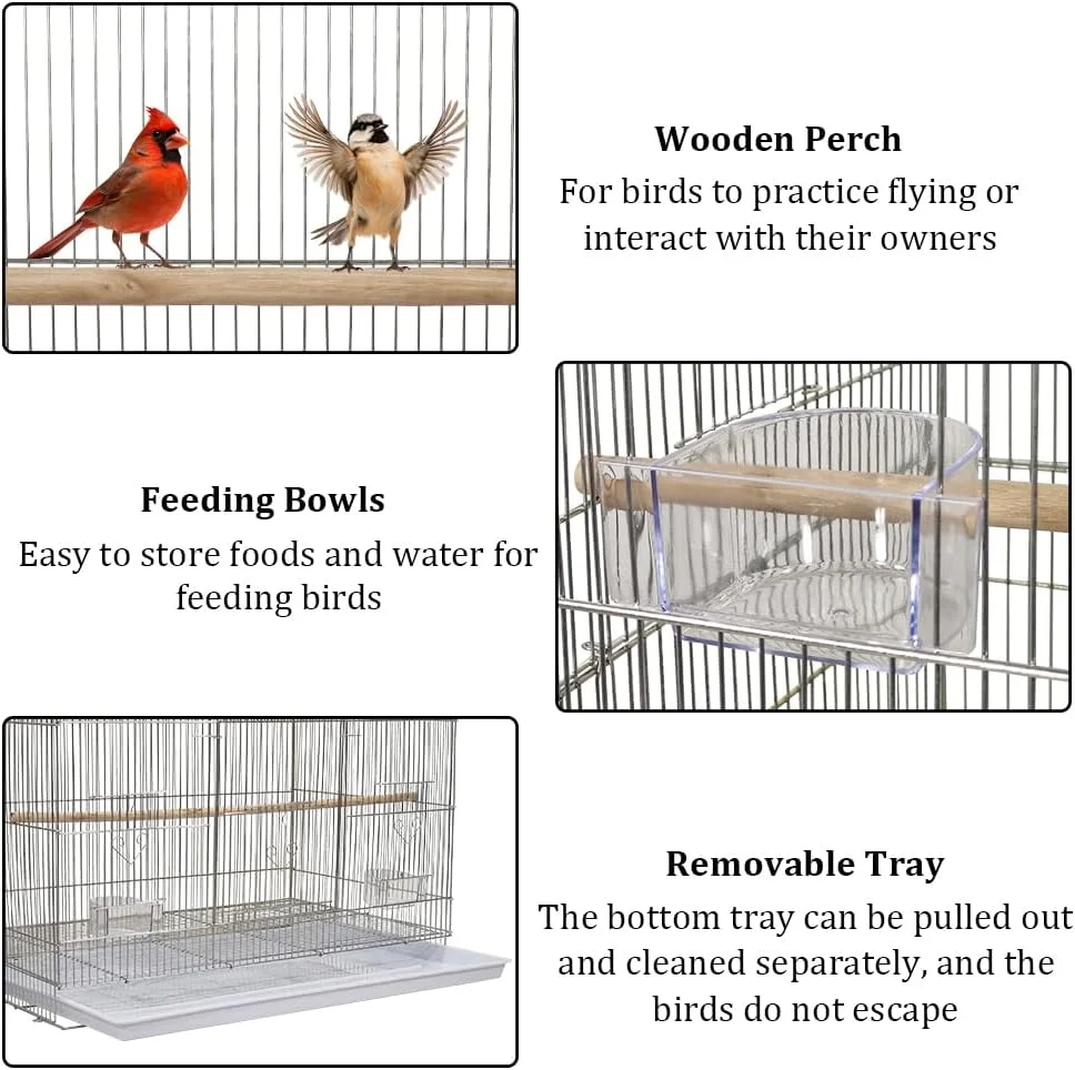 قفس پرنده پرواز برای قناری، مرغ عشق، فنچ و مرغ باجریگار، قفس پرنده استیل ضد زنگ با میله های چوبی، فنجان های غذاخوری، دسته قابل حمل و سینی جداشدنی 93 سانتی متر (نقره ای)