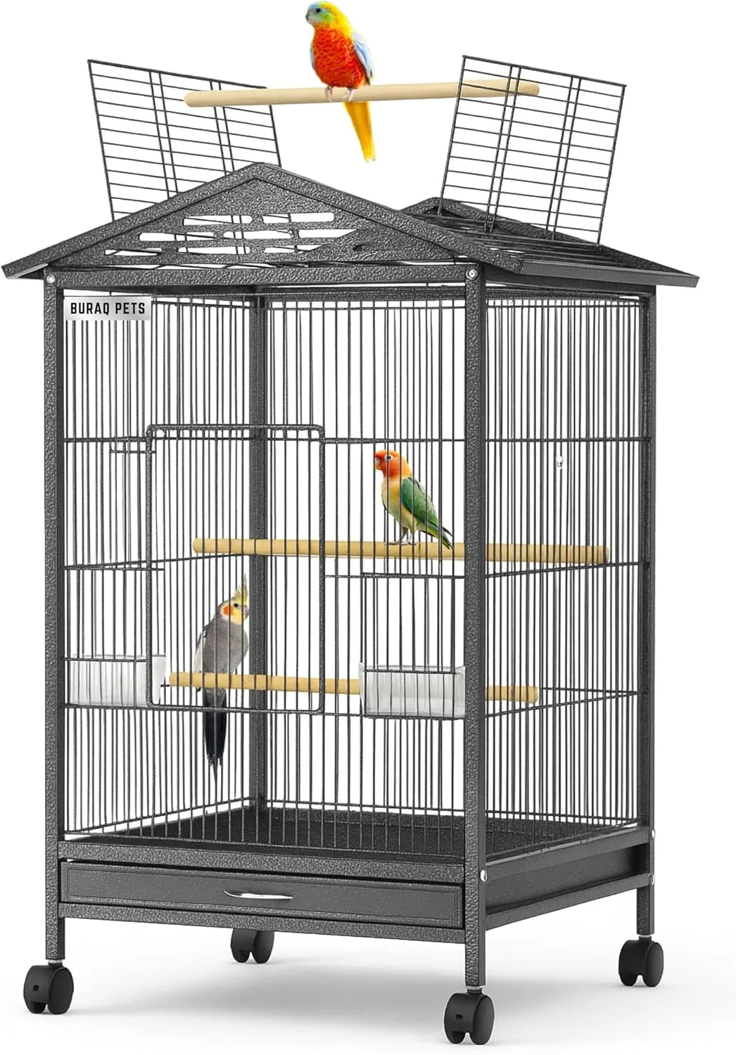 قفس بزرگ و مقاوم پرنده بوراك، مناسب برای مرغ عشق، عروس هلندی، طوطی خورشیدی، گرین چیک، فنچ، کبوتر و سایر پرندگان، به همراه پایه چرخ دار (خانه رویایی پرنده - N1)