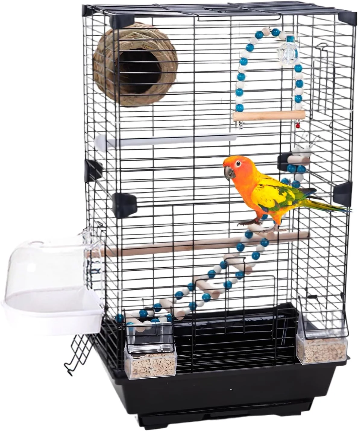 قفس پرنده، 28 x 37 x 63 سانتی متر، قفس بزرگ پرنده ساخته شده از سیم 2 میلی متری با صفحه اکریلیک شفاف، طراحی درب دوتایی، سینی قابل جابجایی و 8 پیکربندی سرگرمی برای مرغ عشق و سایر پرندگان
