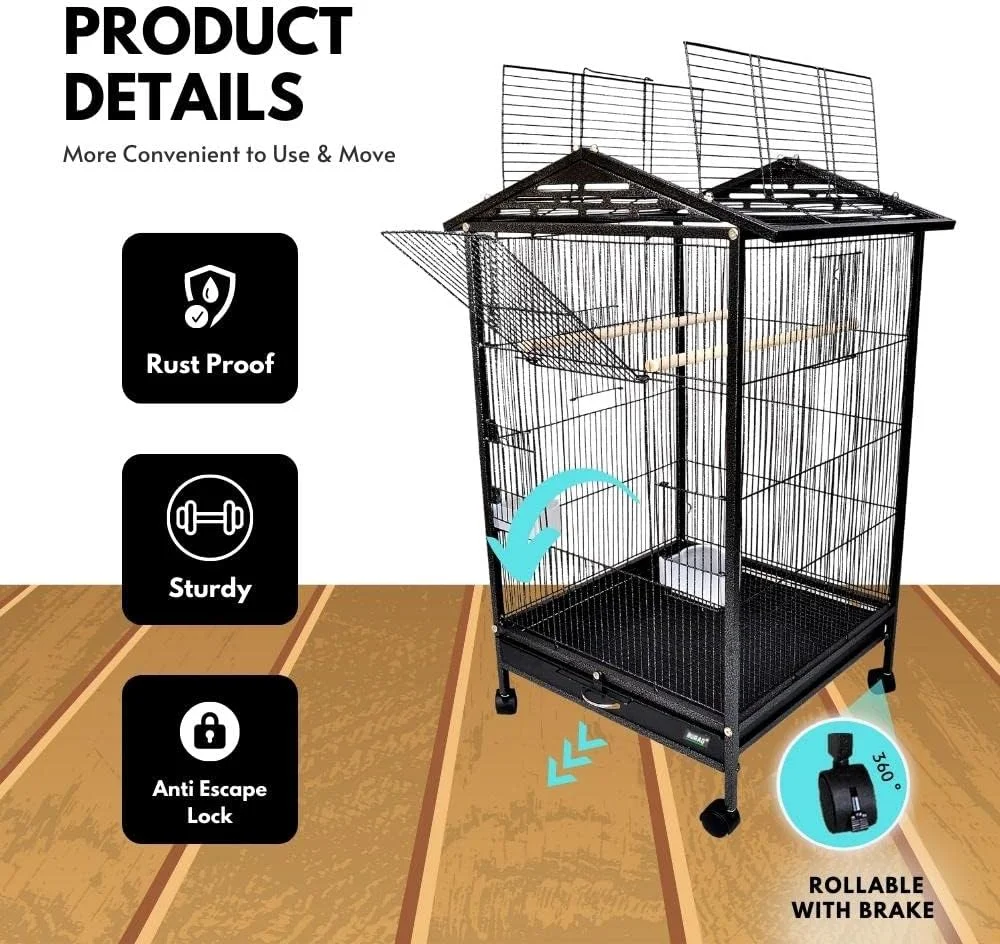 قفس بزرگ و مقاوم پرنده بوراك، مناسب برای مرغ عشق، عروس هلندی، طوطی خورشیدی، گرین چیک، فنچ، کبوتر و سایر پرندگان، به همراه پایه چرخ دار (خانه رویایی پرنده - N1)