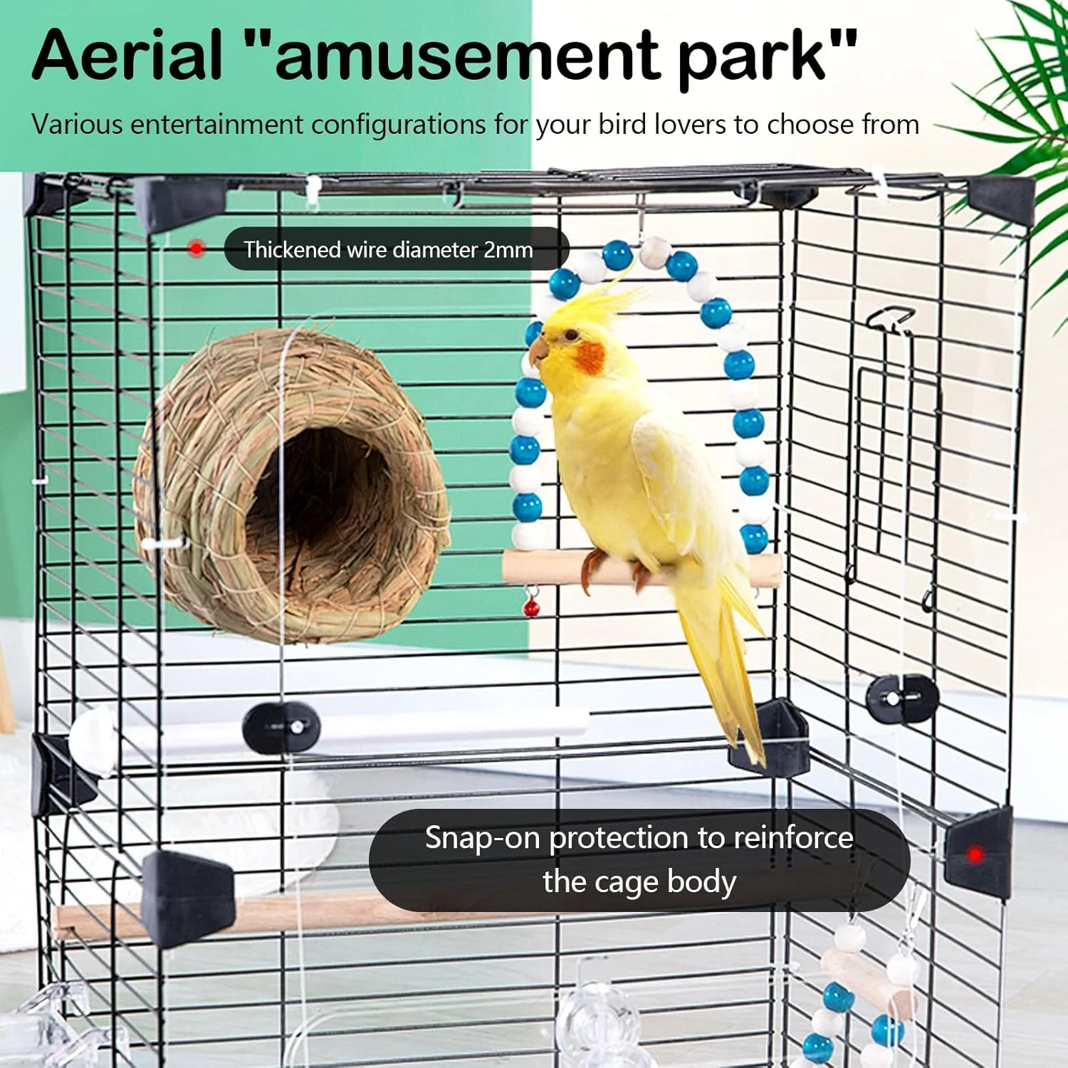 قفس پرنده، 28 x 37 x 63 سانتی متر، قفس بزرگ پرنده ساخته شده از سیم 2 میلی متری با صفحه اکریلیک شفاف، طراحی درب دوتایی، سینی قابل جابجایی و 8 پیکربندی سرگرمی برای مرغ عشق و سایر پرندگان