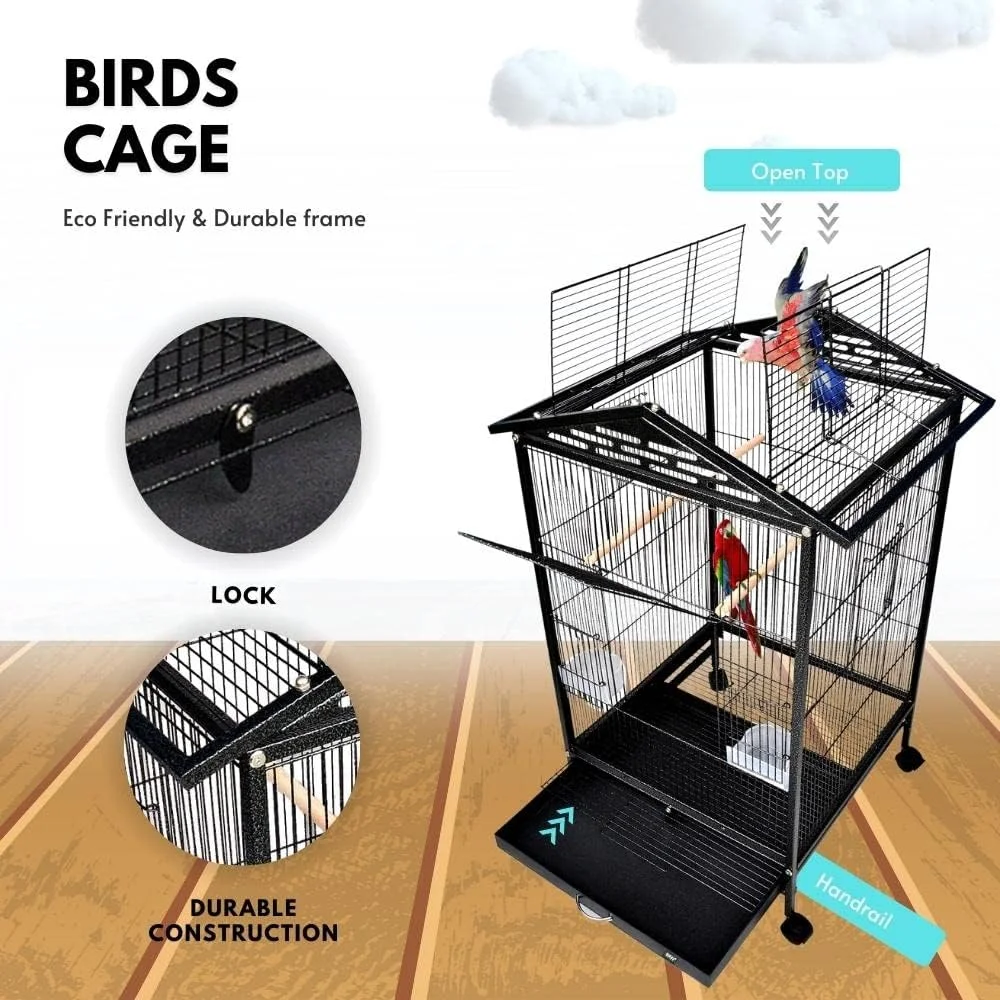 قفس بزرگ و مقاوم پرنده بوراك، مناسب برای مرغ عشق، عروس هلندی، طوطی خورشیدی، گرین چیک، فنچ، کبوتر و سایر پرندگان، به همراه پایه چرخ دار (خانه رویایی پرنده - N1)