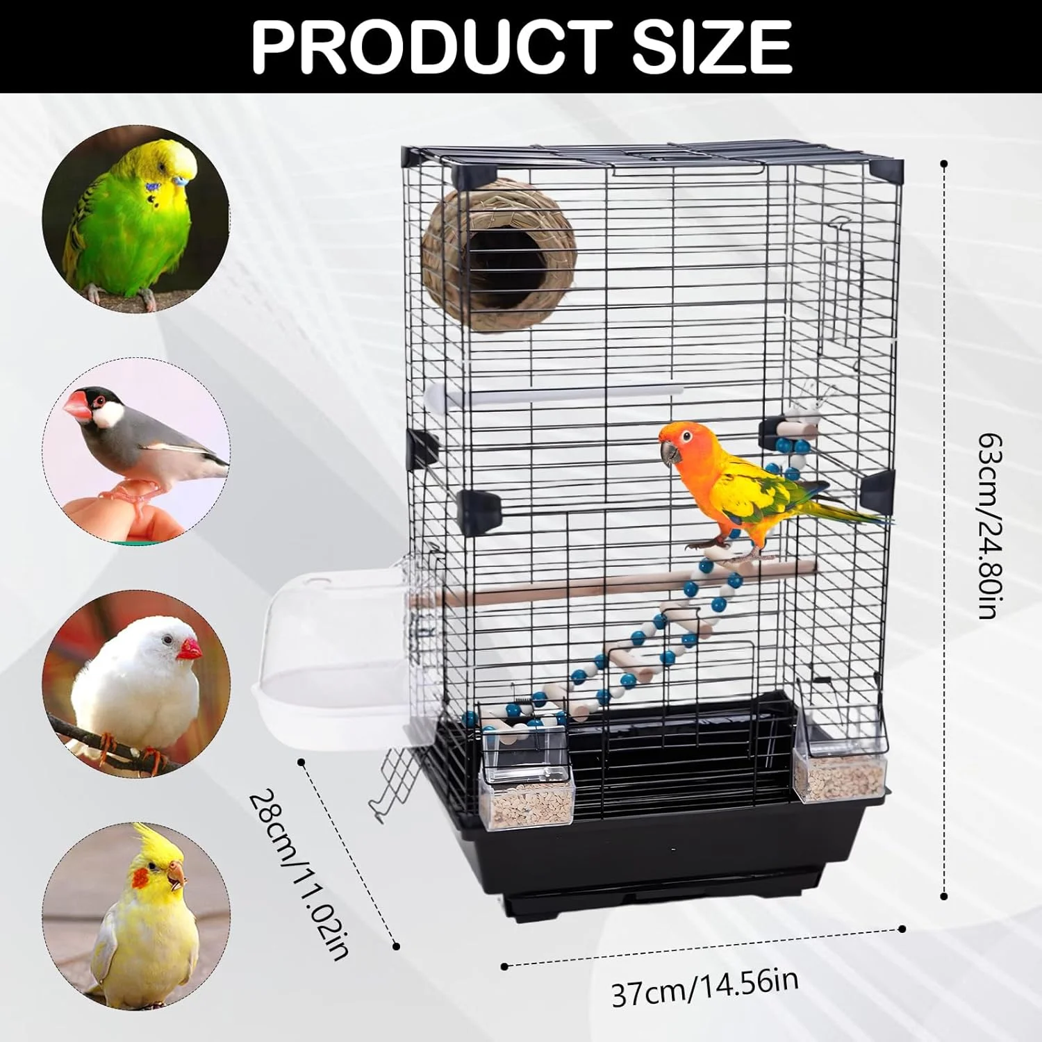 قفس پرنده، 28 x 37 x 63 سانتی متر، قفس بزرگ پرنده ساخته شده از سیم 2 میلی متری با صفحه اکریلیک شفاف، طراحی درب دوتایی، سینی قابل جابجایی و 8 پیکربندی سرگرمی برای مرغ عشق و سایر پرندگان