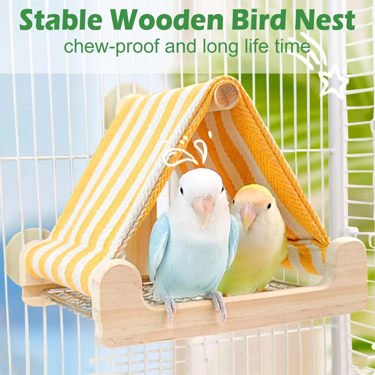 خانه پرنده برای قفس، لانه چوبی طوطی، میله های نشیمن، چادر توری تنفسی پرنده با توری استیل ضد زنگ قابل جابجایی، کلبه خواب دنج طوطی، اسباب بازی های پرنده، لوازم جانبی قفس پرنده برای طوطی (زرد)