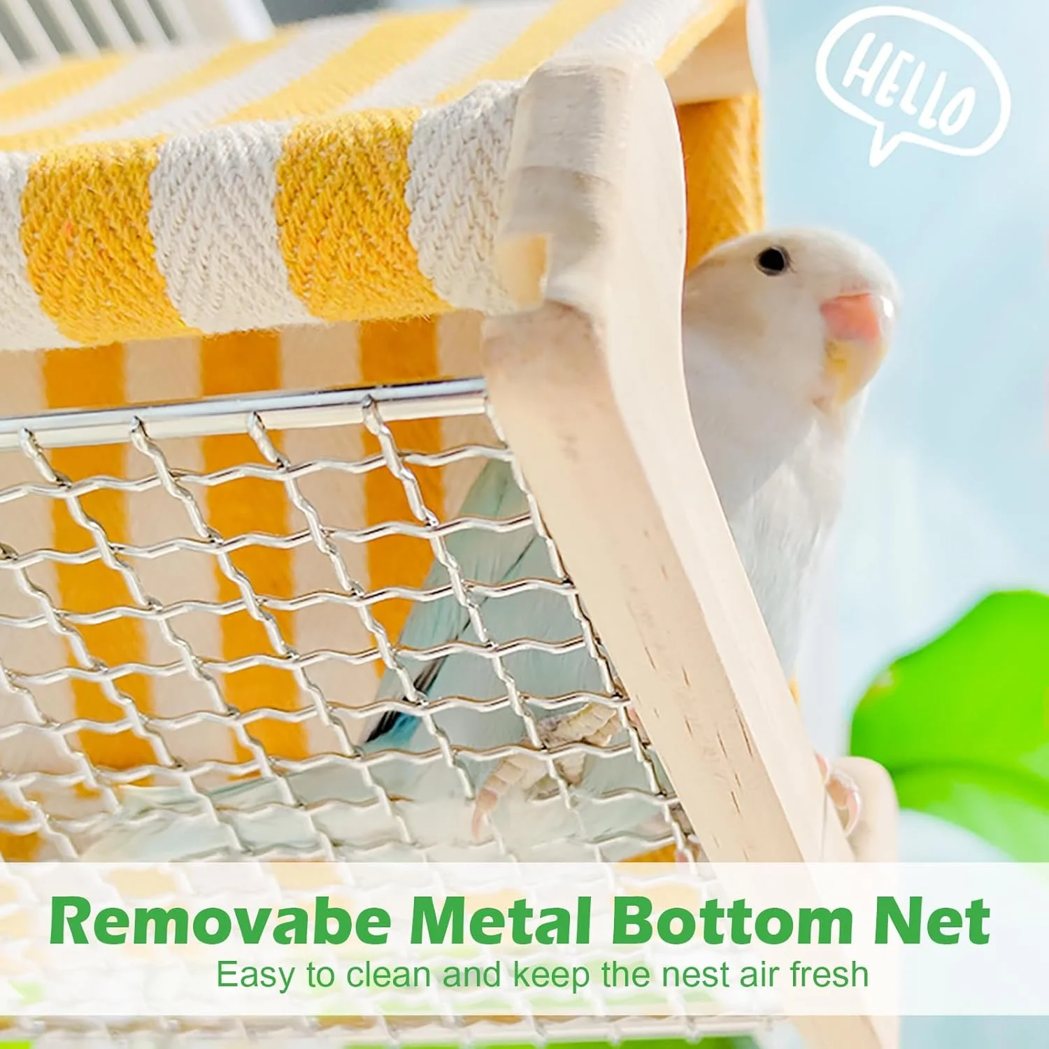 خانه پرنده برای قفس، لانه چوبی طوطی، میله های نشیمن، چادر توری تنفسی پرنده با توری استیل ضد زنگ قابل جابجایی، کلبه خواب دنج طوطی، اسباب بازی های پرنده، لوازم جانبی قفس پرنده برای طوطی (زرد)
