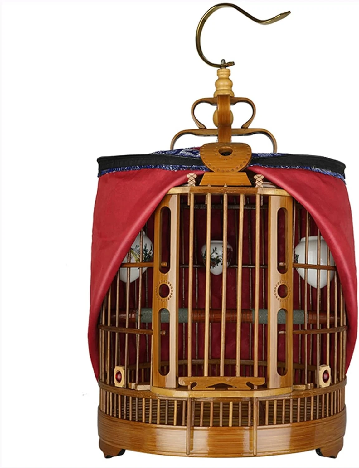 قفس پرنده گرد، بامبو قدیمی، قفس بزرگ دست ساز مرغ مینا، قفس پرنده توکا با غذاخوری + پارچه قفس + میله ایستاده (اندازه: 36x52 سانتی متر)