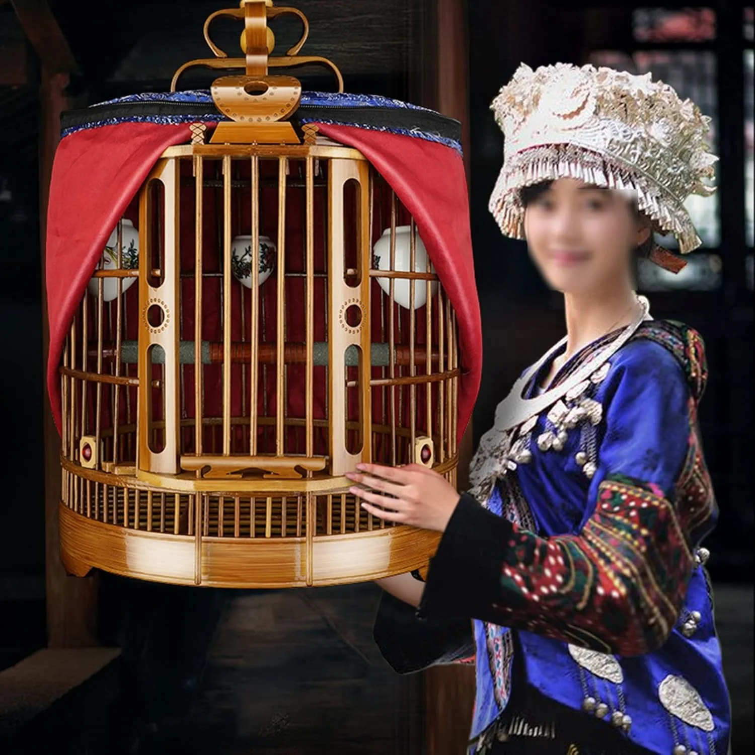 قفس پرنده گرد، بامبو قدیمی، قفس بزرگ دست ساز مرغ مینا، قفس پرنده توکا با غذاخوری + پارچه قفس + میله ایستاده (اندازه: 36x52 سانتی متر)