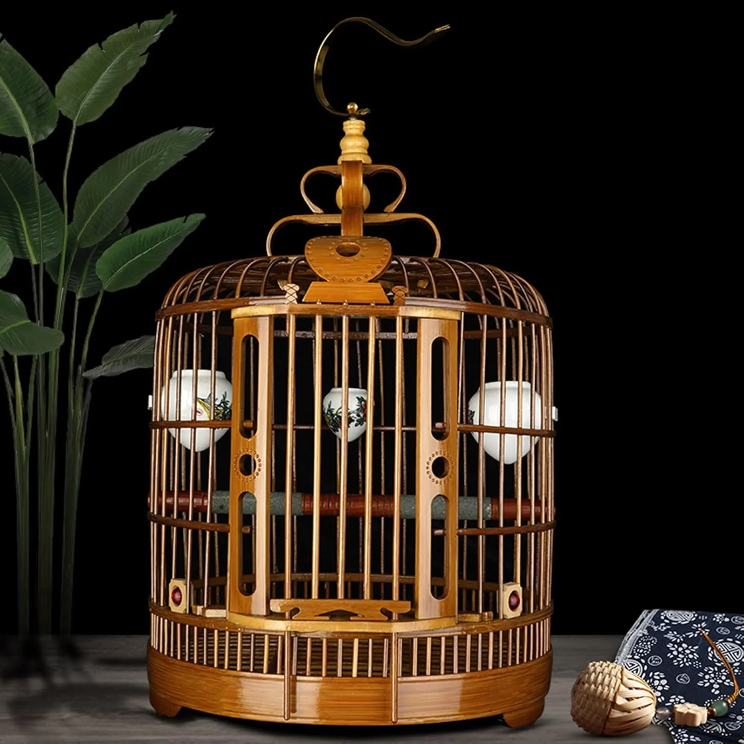 قفس پرنده گرد، بامبو قدیمی، قفس بزرگ دست ساز مرغ مینا، قفس پرنده توکا با غذاخوری + پارچه قفس + میله ایستاده (اندازه: 36x52 سانتی متر)