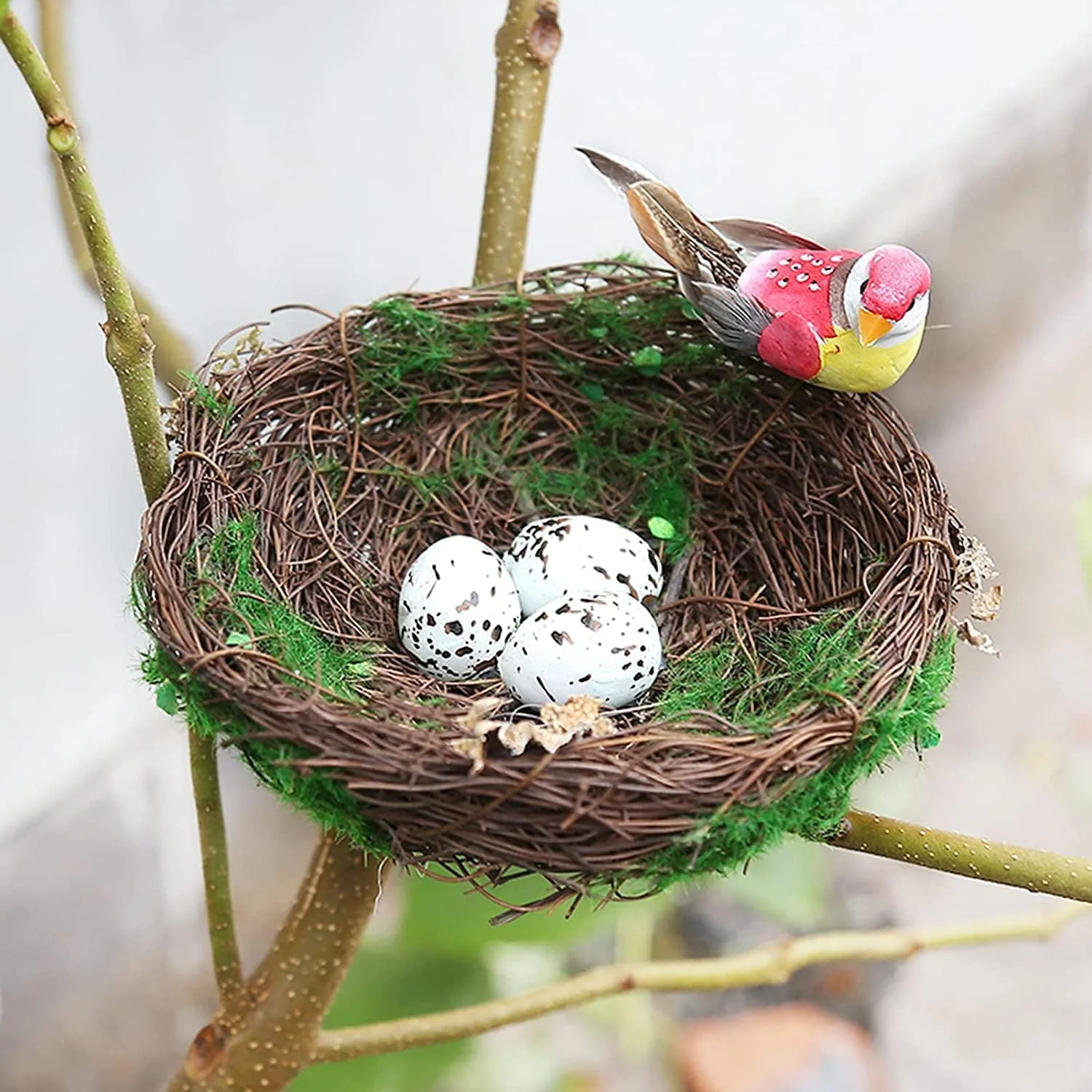 یک ست لانه پرنده با 3 عدد تخم بلدرچین مصنوعی - لانه پرنده مصنوعی حصیری، کاردستی تقلیدی برای میز خانه، دکور باغ - تخم پرنده بلدرچین فوم مصنوعی خالدار برای آشپزخانه (12 سانتی متر)