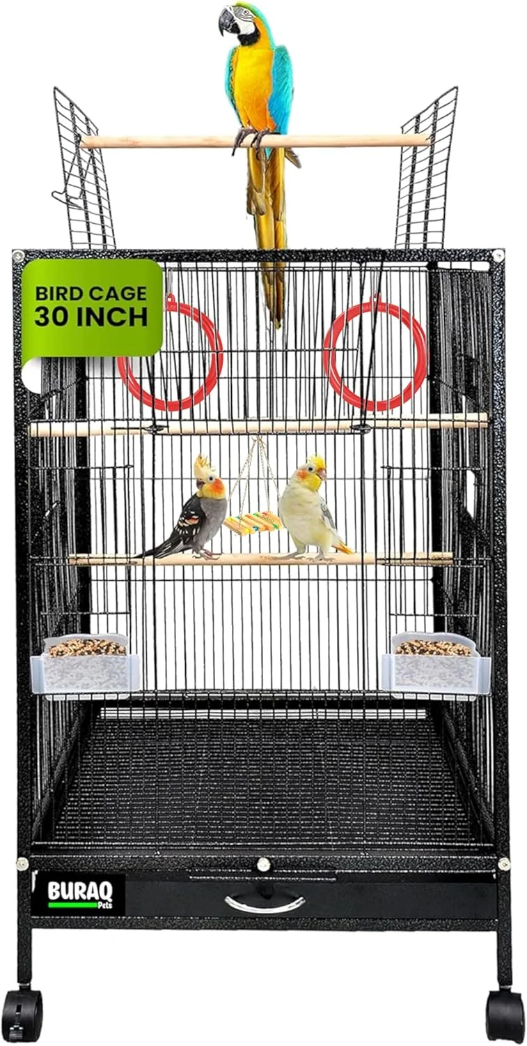 قفس پرنده بزرگ بوراك سایز 30 اینچ، شامل چرخ‌های قفل‌دار و لوازم جانبی قفس پرنده، برای انواع پرندگان کوچک و متوسط (بزرگ - مشکی)