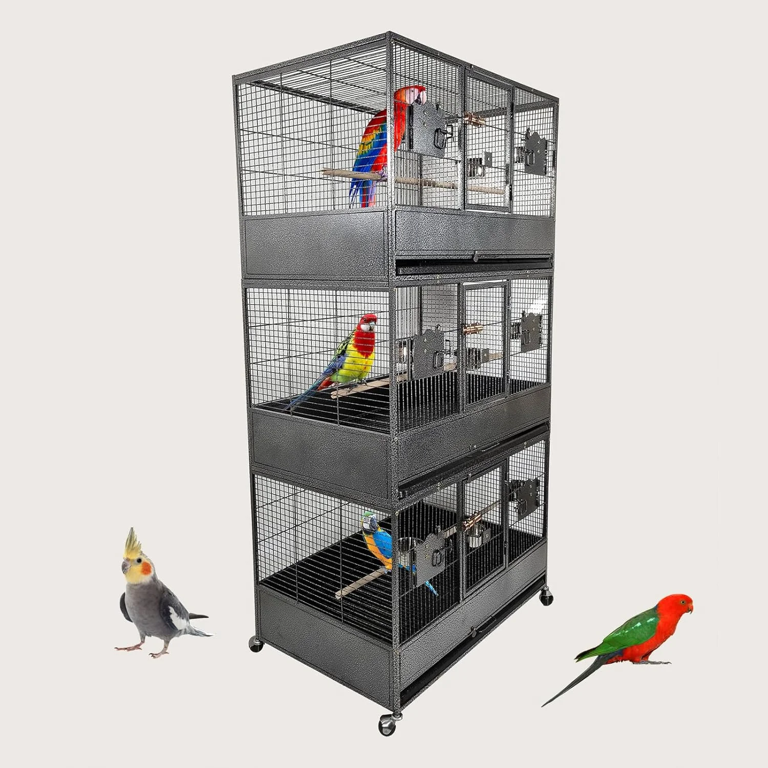 قفس پرنده با میله های چوبی - کاسه های غذای استیل ضد زنگ، سینی قابل جابجایی و چرخ های جهانی، طراحی 3 لایه قفس بزرگ 186 سانتی متری برای طوطی ها، ماکائو، کانور، مرغ عشق، پاراکیت، قفس کوکاتیل