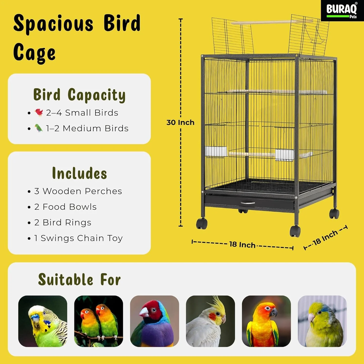 قفس پرنده بزرگ بوراك سایز 30 اینچ، شامل چرخهای قفلدار و لوازم جانبی قفس پرنده، برای انواع پرندگان کوچک و متوسط (بزرگ - مشکی) قفس پرنده بزرگ بوراك سایز 30 اینچ، شامل چرخهای قفلدار و لوازم جانبی قفس پرنده، برای انواع پرندگان کوچک و متوسط (بزرگ - مشکی)