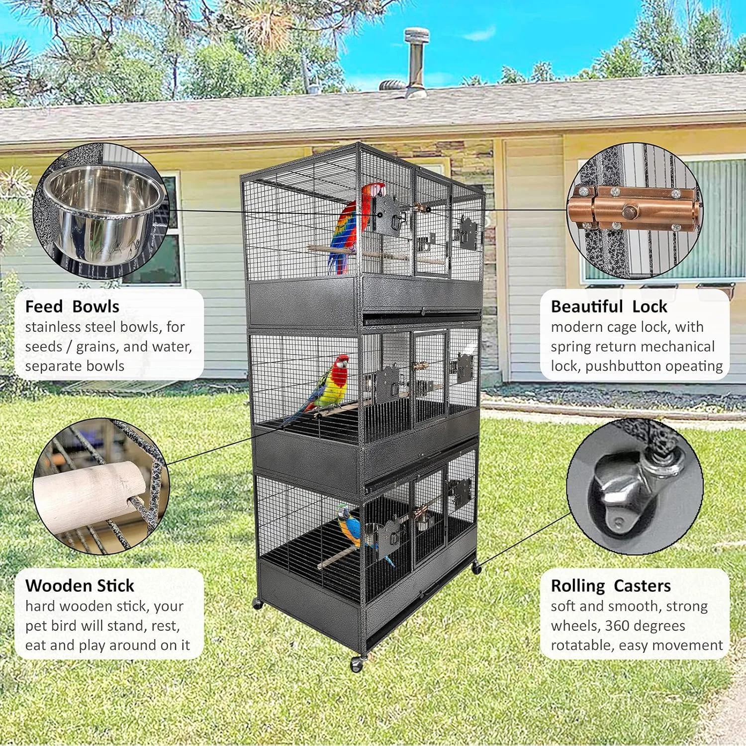 قفس پرنده با میله های چوبی - کاسه های غذای استیل ضد زنگ، سینی قابل جابجایی و چرخ های جهانی، طراحی 3 لایه قفس بزرگ 186 سانتی متری برای طوطی ها، ماکائو، کانور، مرغ عشق، پاراکیت، قفس کوکاتیل