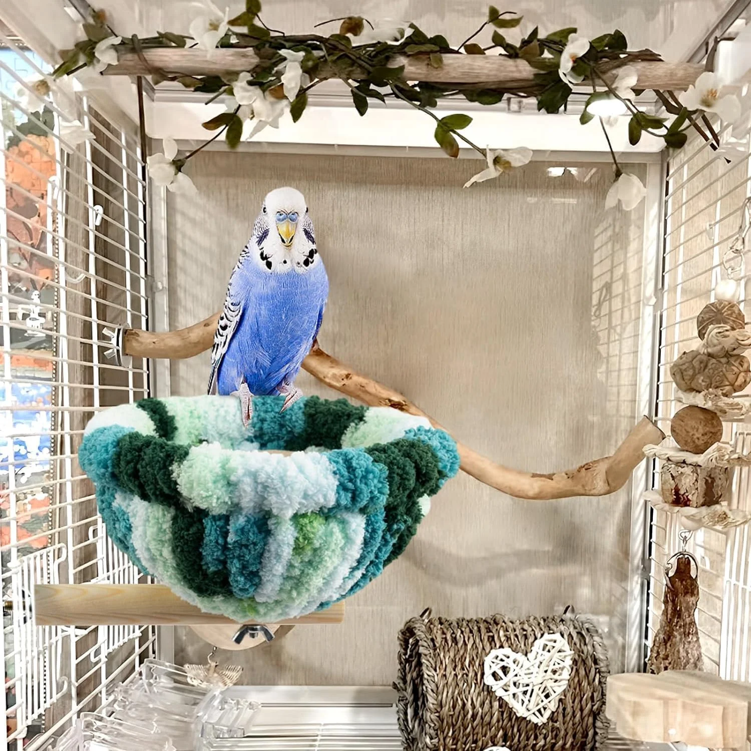 آشیانه پرنده آزونه، تخت آویز گرم زمستانی، کلبه پرنده کرکی و نرم، اسباب بازی نشیمنگاه طوطی برای مرغ عشق، عروس هلندی، کوتوله برزیلی، همستر، کاکادو، کانور و لوازم جانبی قفس (آبی)