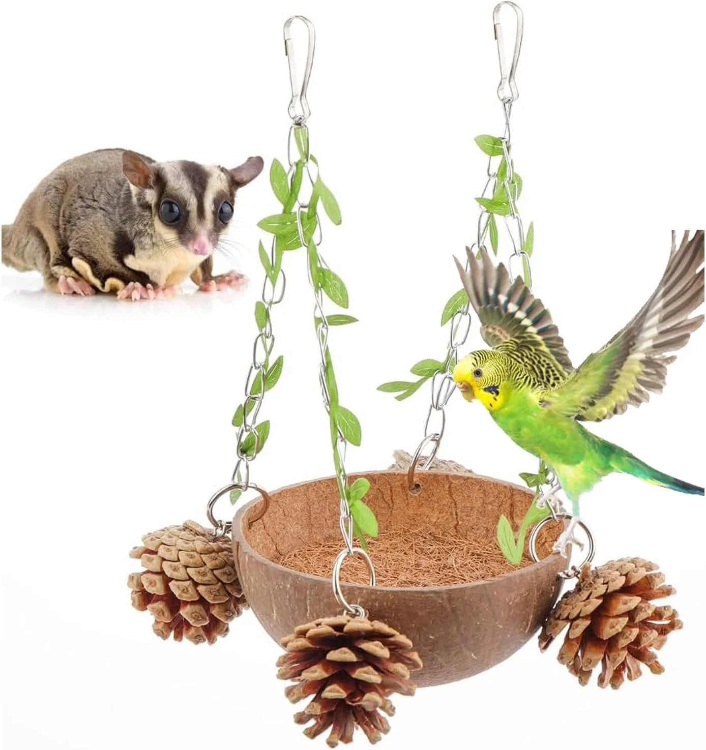 آشیانه نارگیلی طبیعی پرنده آزون با تاب معلق و تشک فیبر نارگیل برای طوطی، مرغ عشق و سنجاب پرنده کوچک