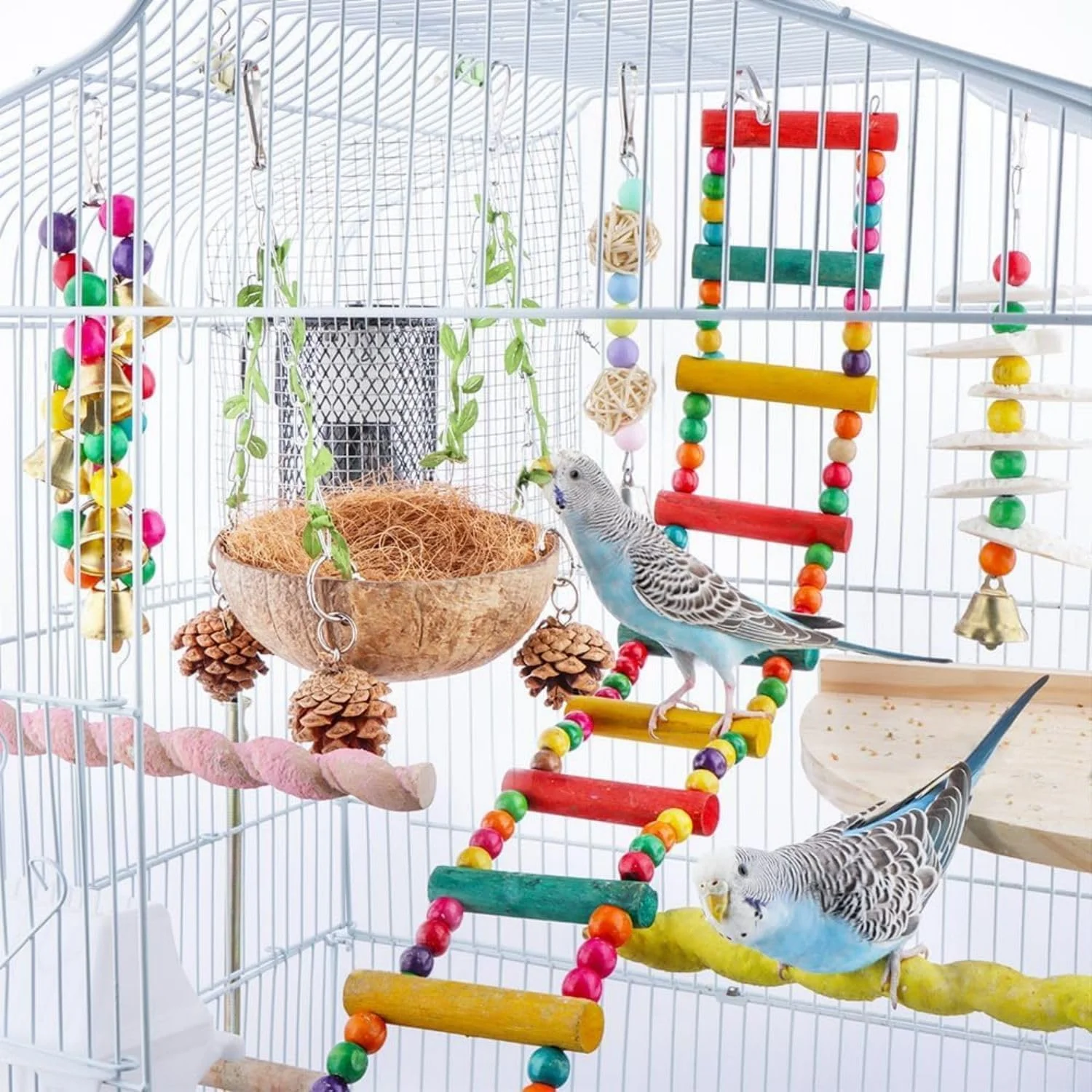 آشیانه نارگیلی طبیعی پرنده آزون با تاب معلق و تشک فیبر نارگیل برای طوطی، مرغ عشق و سنجاب پرنده کوچک