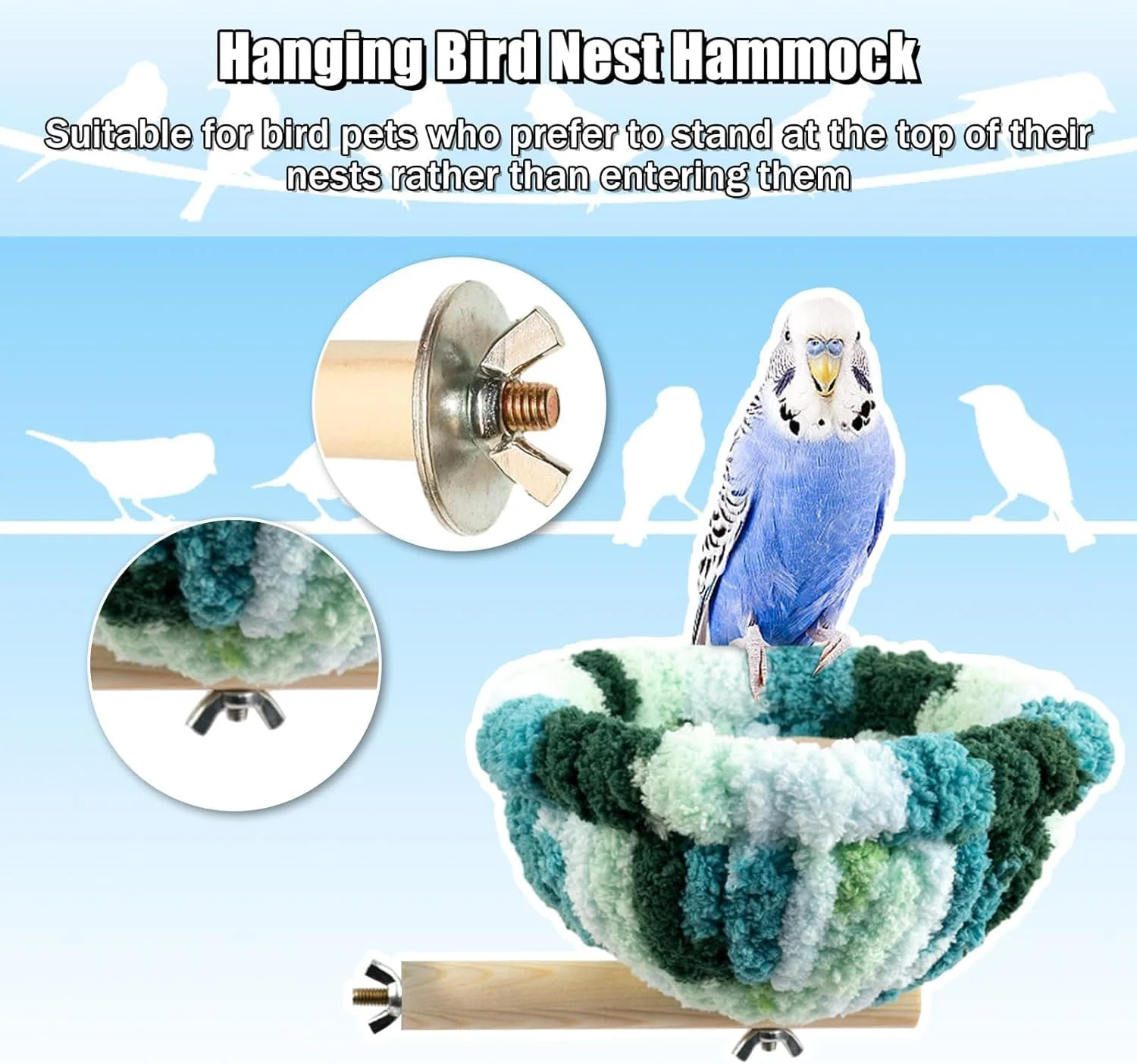 آشیانه پرنده آزونه، تخت آویز گرم زمستانی، کلبه پرنده کرکی و نرم، اسباب بازی نشیمنگاه طوطی برای مرغ عشق، عروس هلندی، کوتوله برزیلی، همستر، کاکادو، کانور و لوازم جانبی قفس (آبی)