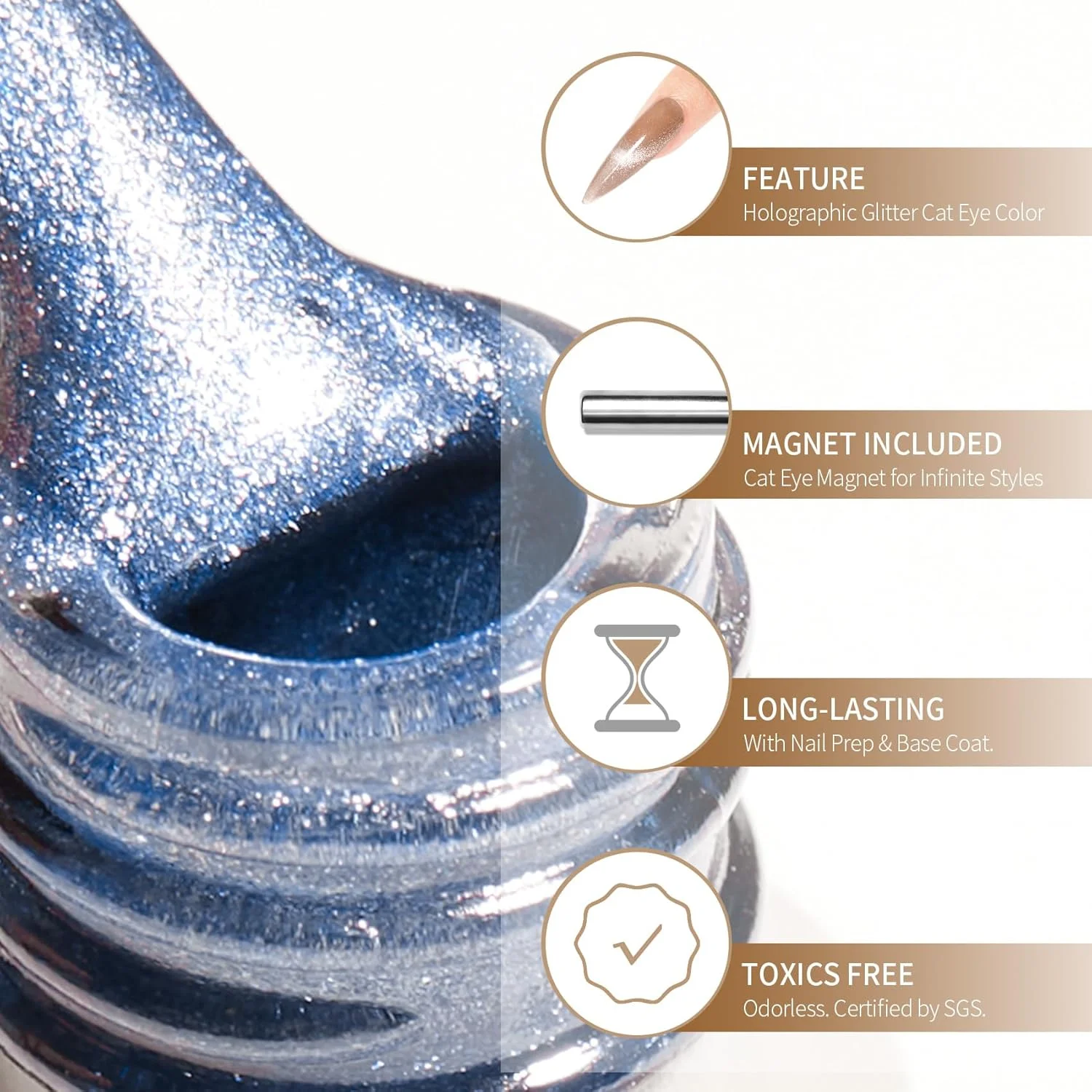 لاک ژل چشم گربه ای مایچائو 15 میلی لیتر، 1 عدد لاک ناخن مغناطیسی آبی با آهنربا، لاک ژل چشم گربه ای هولوگرافیک برای طراحی ناخن، مانیکور سالنی، مناسب استفاده در خانه