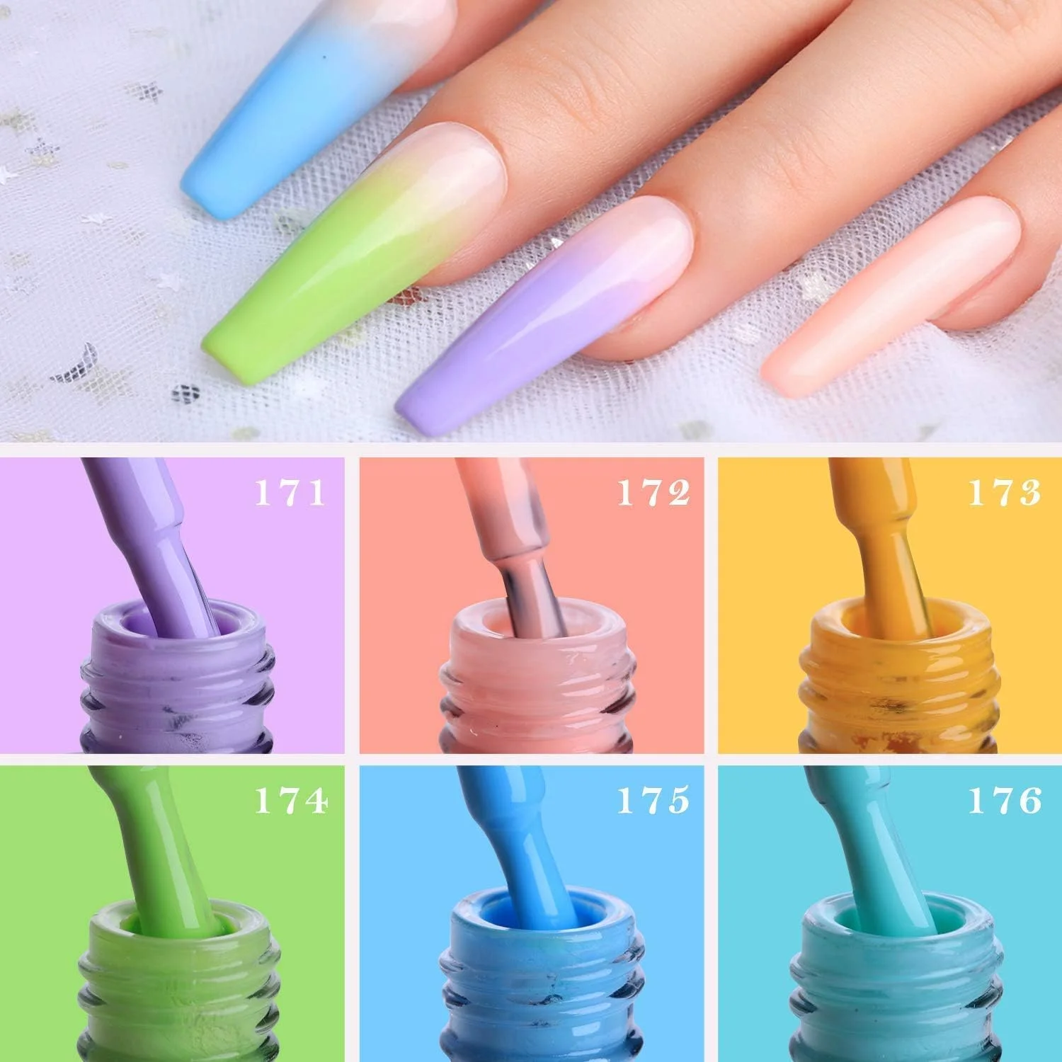 ست لاک ژل بهاره و تابستانی Makartt، کیت لاک ژل پاستلی 6 عددی، لاک ژل آبی زرد 10 میلی لیتری، لاک ژل رنگین کمانی قرمز سبز بنفش، لاک ژل رنگ های ماکارون برای طراحی ناخن P-17