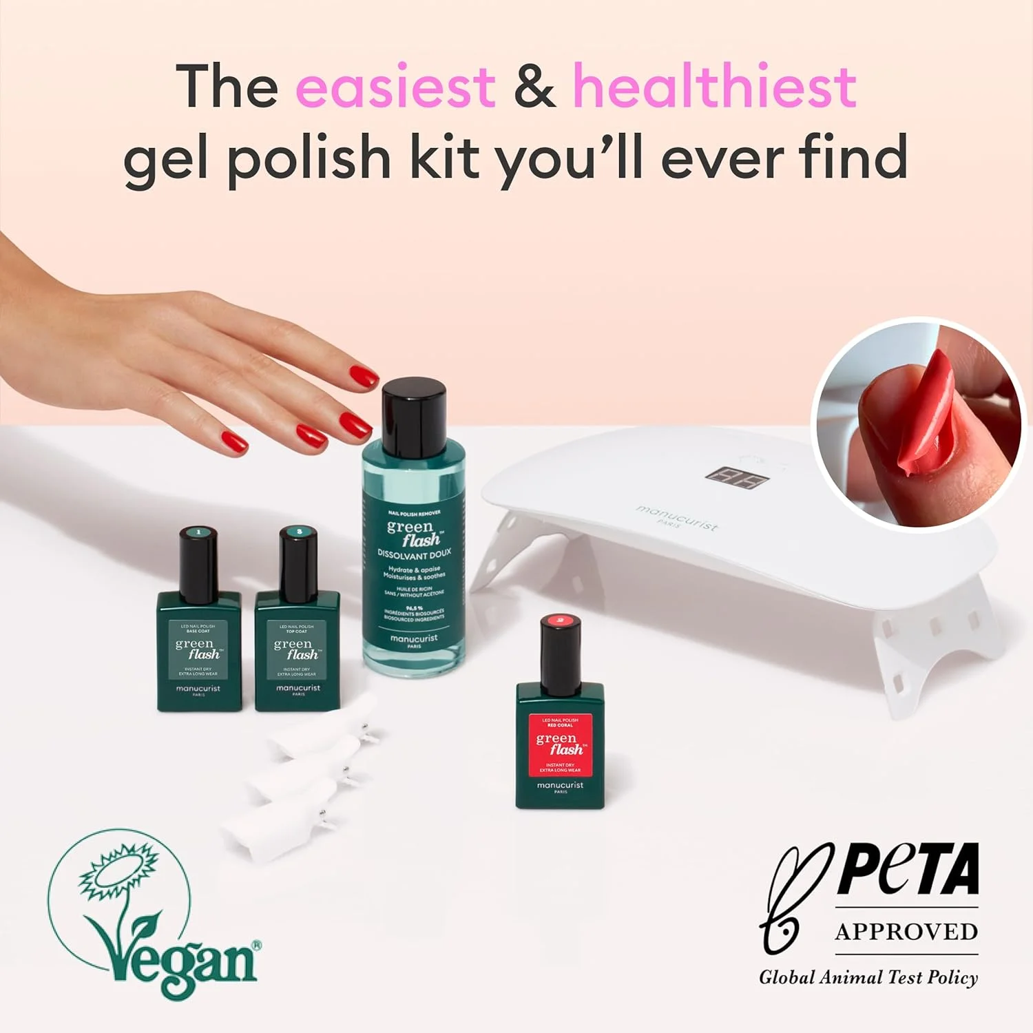 کیت لاک ژل ضروری Manucurist Green Flash - لامپ LED ناخن 24 وات + لایه پایه + لایه رویی + لاک بورگاندی Dark Pansy + پاک کننده لاک ناخن + گیره ناخن