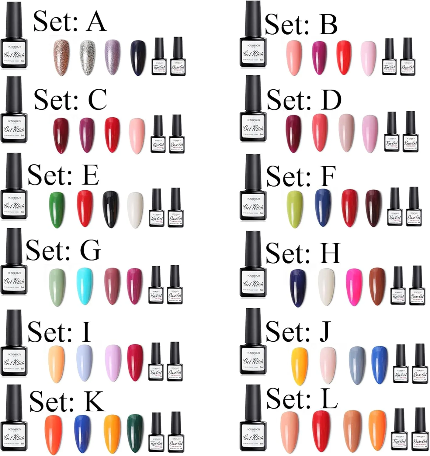 لاک ناخن 8 میلی لیتری ICONSIGN با لاک رویه و پایه، لاک ژل، لاک پلی ژل، طراحی ناخن برای تمام فصول (ست J)