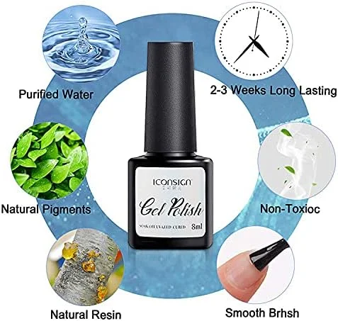 لاک ناخن 8 میلی لیتری ICONSIGN با لاک رویه و پایه، لاک ژل، لاک پلی ژل، طراحی ناخن برای تمام فصول (ست J)