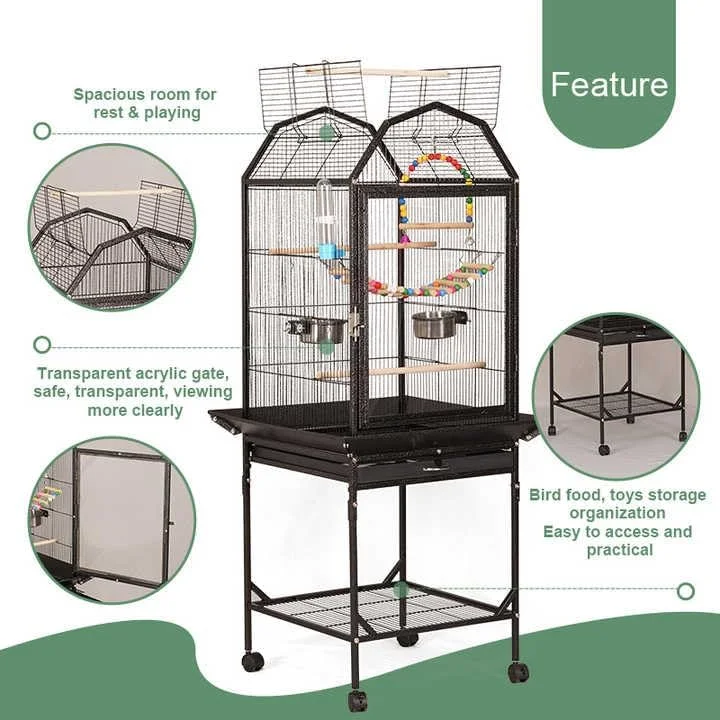 قفس طوطی شاموا با نمای جلویی اکریلیک به همراه پایه چرخ دار، 3 چوب نشیمن و 2 ظرف غذا، بزرگ با پایه بالایی مناسب برای طوطی های بزرگ مانند کاسکو، کاکاتو، کانور، پاراکیت، مرغ عشق، فیشر، 123.57.57 سانتی متر (B)