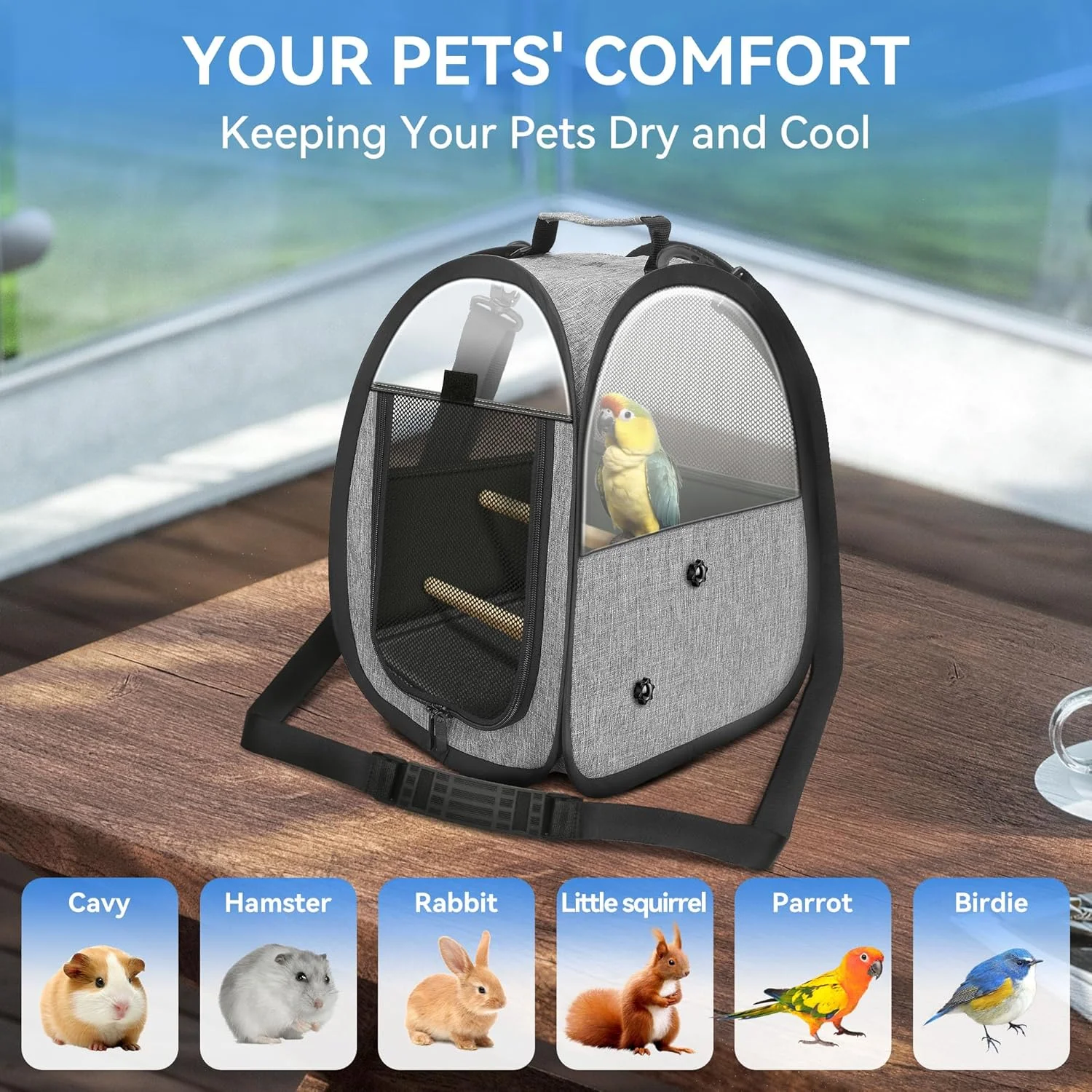 کیف حمل پرنده آکینری، کیف مسافرتی کوچک پرنده، قفس مسافرتی شفاف و تنفسی برای طوطی، شامل میله نشیمن و سینی زیرین