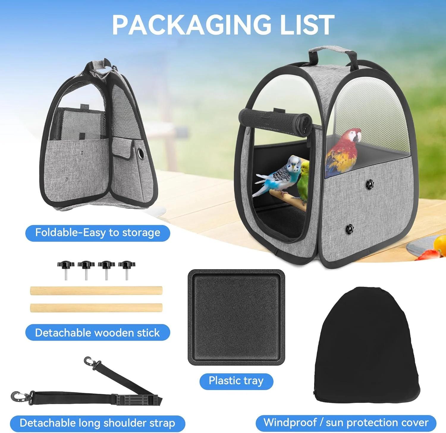 کیف حمل پرنده آکینری، کیف مسافرتی کوچک پرنده، قفس مسافرتی شفاف و تنفسی برای طوطی، شامل میله نشیمن و سینی زیرین