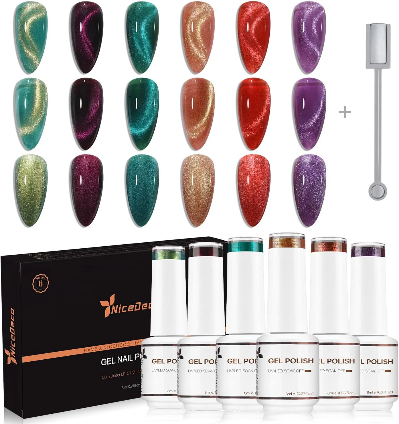 لاک ژل چشم گربه ای وگان و بدون تست حیوانی Hema، لاک ژل LED U V با ماندگاری بالا و براقیت زیاد، ست 6 رنگ 43