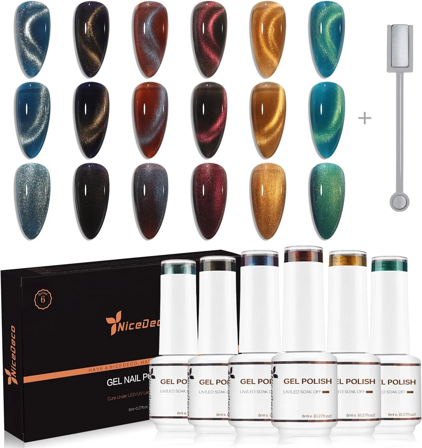 لاک ژل چشم گربه ای وگان بدون تست حیوانی Hema، لاک ژل LED U V با براقیت بالا و ماندگاری طولانی، ست 6 رنگ 44